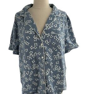 Lands' End Floral Cotton Short Sleeve Button Front Sleep Shirt Blue Size XL